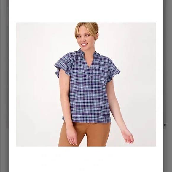 Candace Cameron Bure plaid flutter sleeve ruffle collar small top - Picture 2 of 7